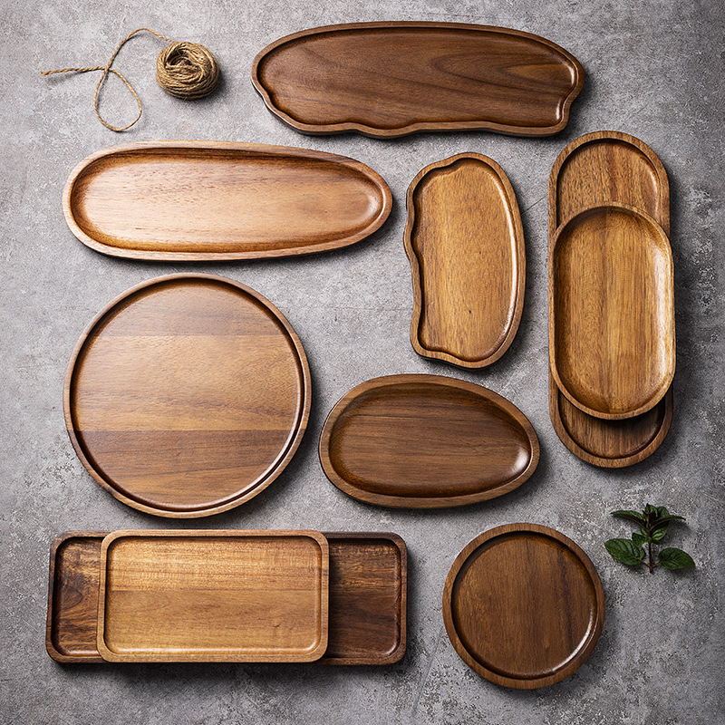 Food Snacks In Japan - Servies Massief Houten Dienblad Ronde Rechthoek